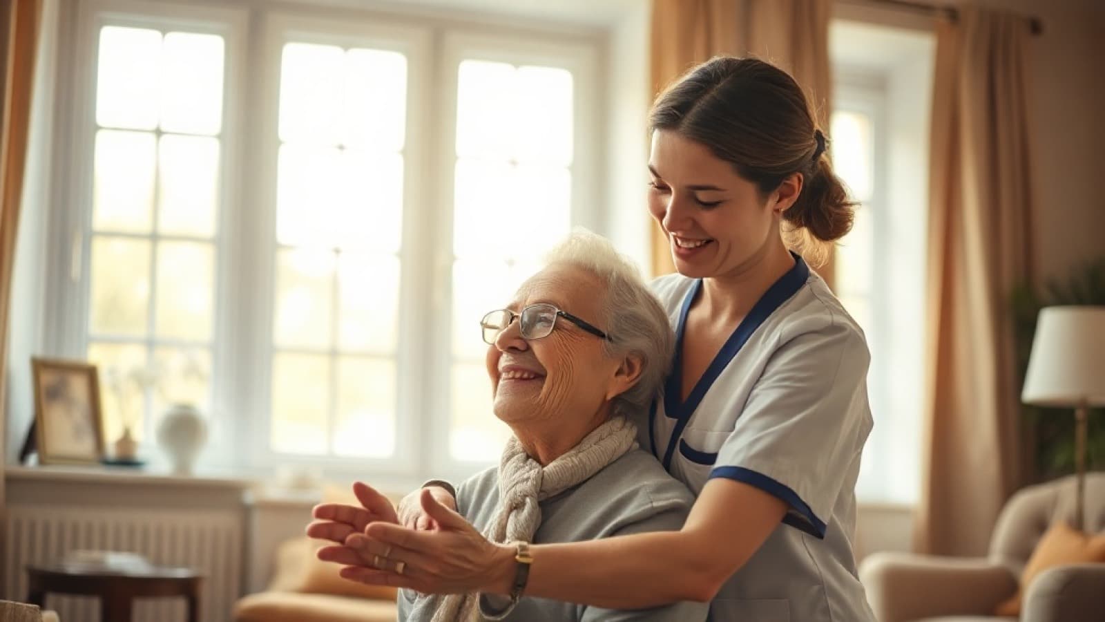 Pflegekraft im Gespräch mit einer Seniorin in deren Wohnzimmer