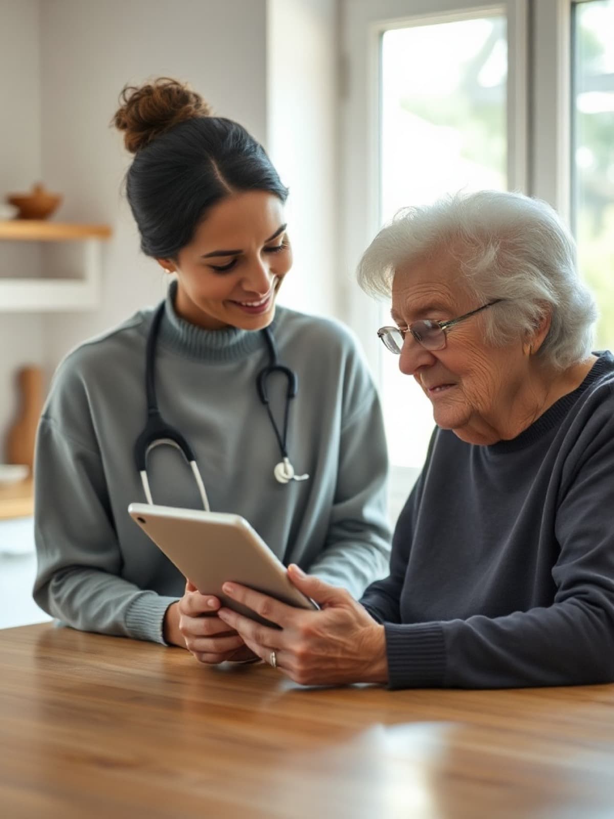 Pflegefachkraft geht mit einer Seniorin Unterlagen am Tablet durch